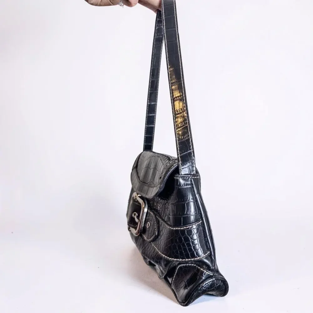 Y2K Apt. 9 Black Croc Embossed Buckle Shoulder Bag